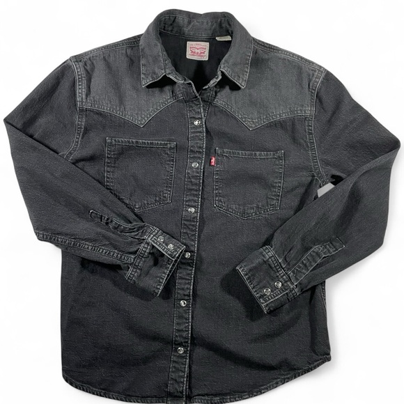 Levi’s Two-Tone Black Denim Snap Shirt XS Oversized Western - Picture 2 of 11